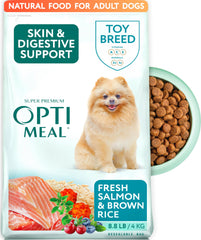 Optimeal Toy Breed Dry Dog Food packaging shows premium small-bite kibble for toy dogs benefiting easy feeding