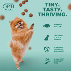 Optimeal Toy Breed Dry Dog Food small-kibble closeup highlights tiny size for gentle chewing and acceptance