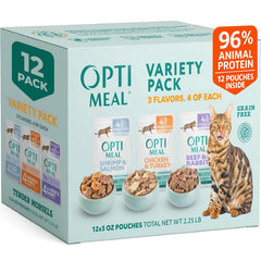 Optimeal Wet Cat Food Variety Pack pouches show convenient, protein-rich meals for adult cats