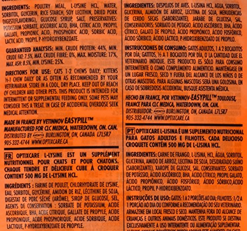 OptixCare 72-2 L-Lysine chews packaging front with brand logo for packaging overview