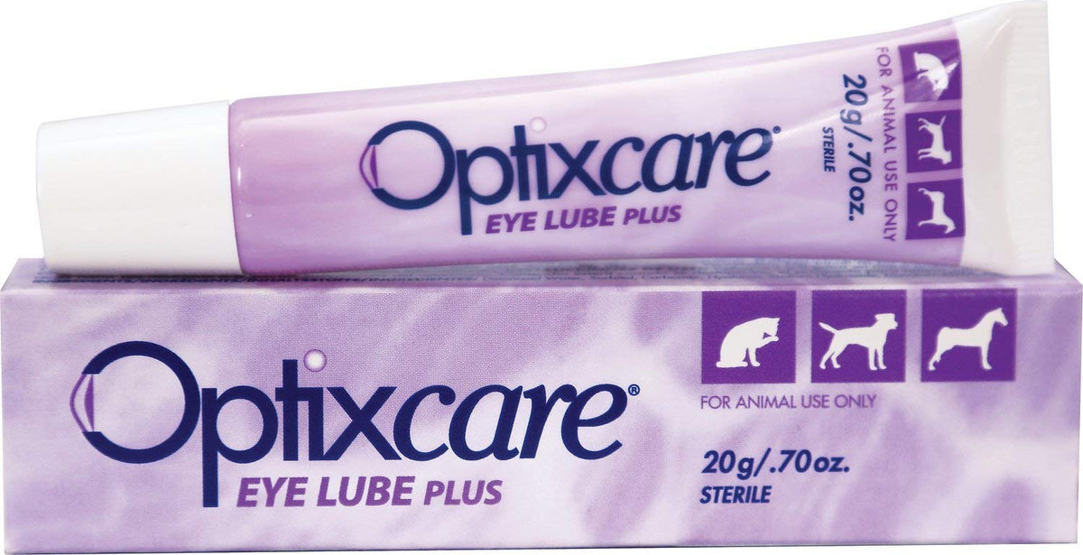OptixCare Eye Lube Plus Hyaluron 20g tube offers long-lasting eye lubrication for pets