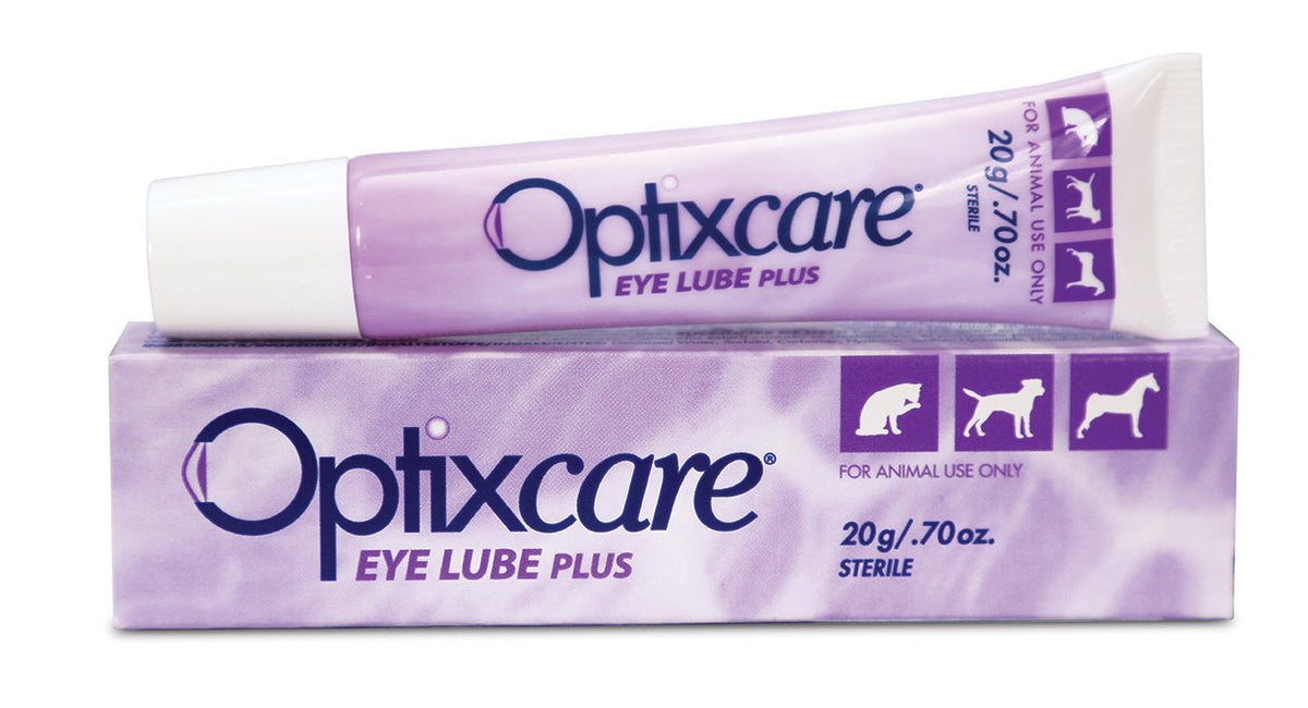 OptixCare Eye Lube Plus packaging shown for convenient at-home pet eye lubrication.