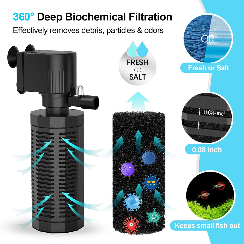 OQTTNEO internal filter 320 GPH pump promotes strong circulation for 20-50 gallon tanks