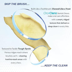 Ora-Clens enzyme-coated chews close-up highlighting cleaning action.