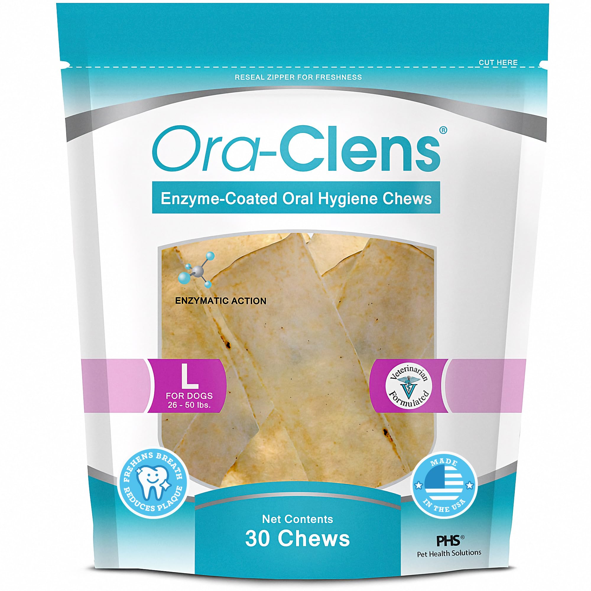 The Ora-Clens large-dog chews packaging is shown for daily use.