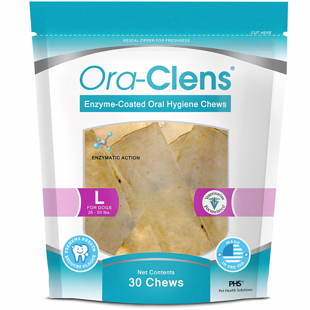 The Ora-Clens large-dog chews packaging is shown for daily use.