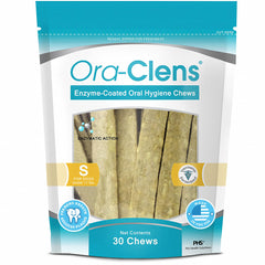 Ora-Clens small-dogs-chews packaging showcases 30-count box for easy daily dental care.