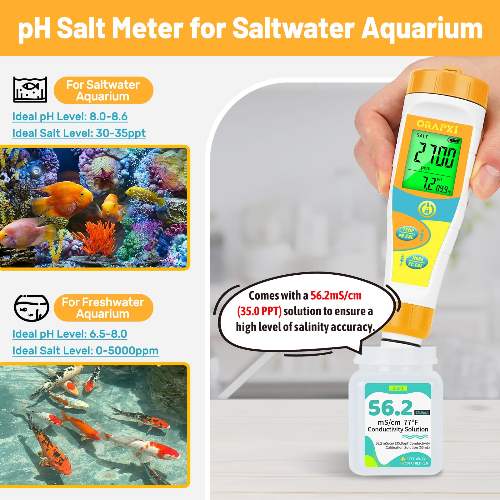 ORAPXI multi-parameter aquarium tester measures pH, salinity, TDS/EC, and temperature