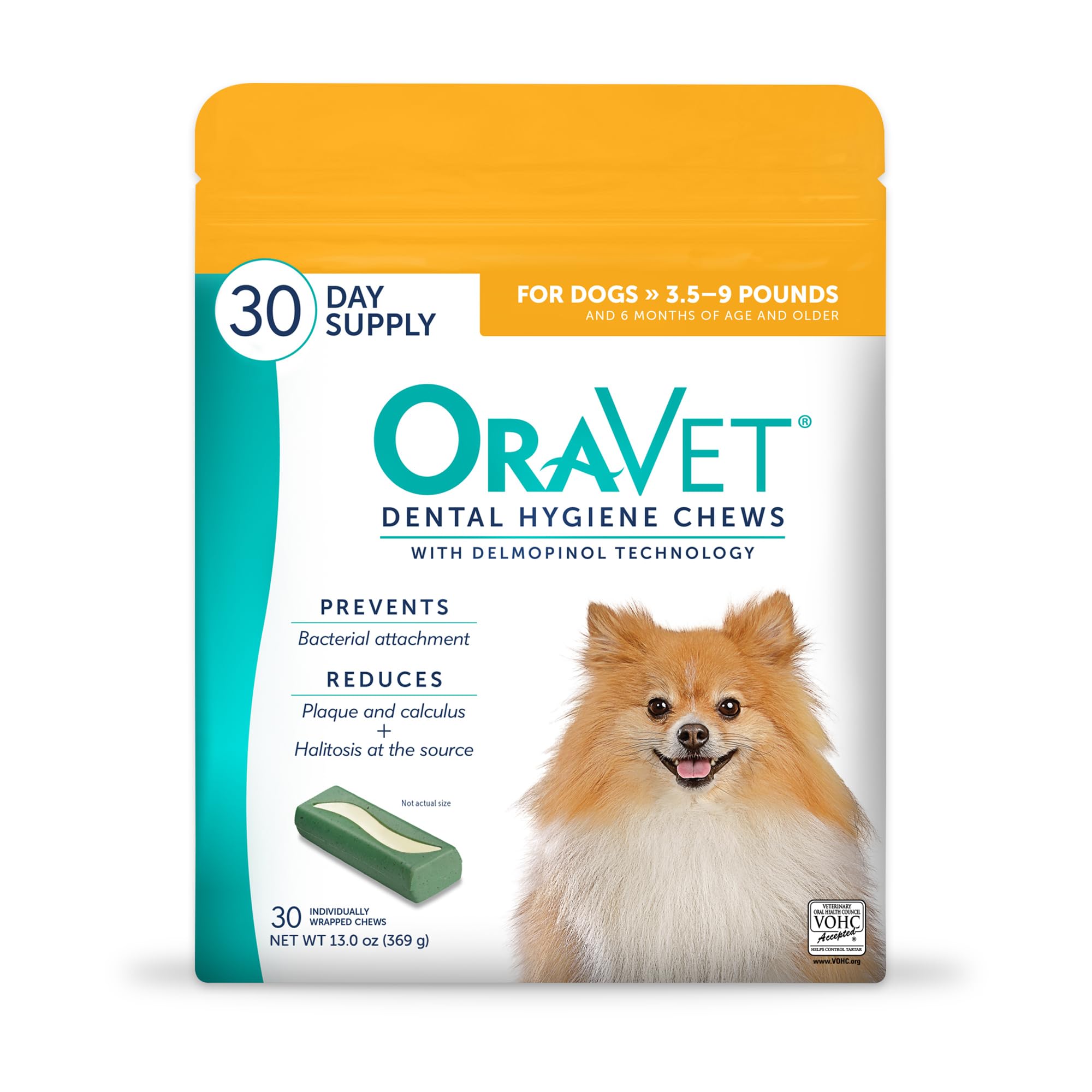 OraVet dental hygiene chews in yellow pouch for daily oral care