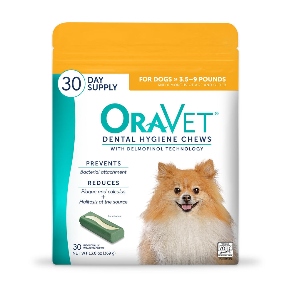 OraVet dental hygiene chews in yellow pouch for daily oral care