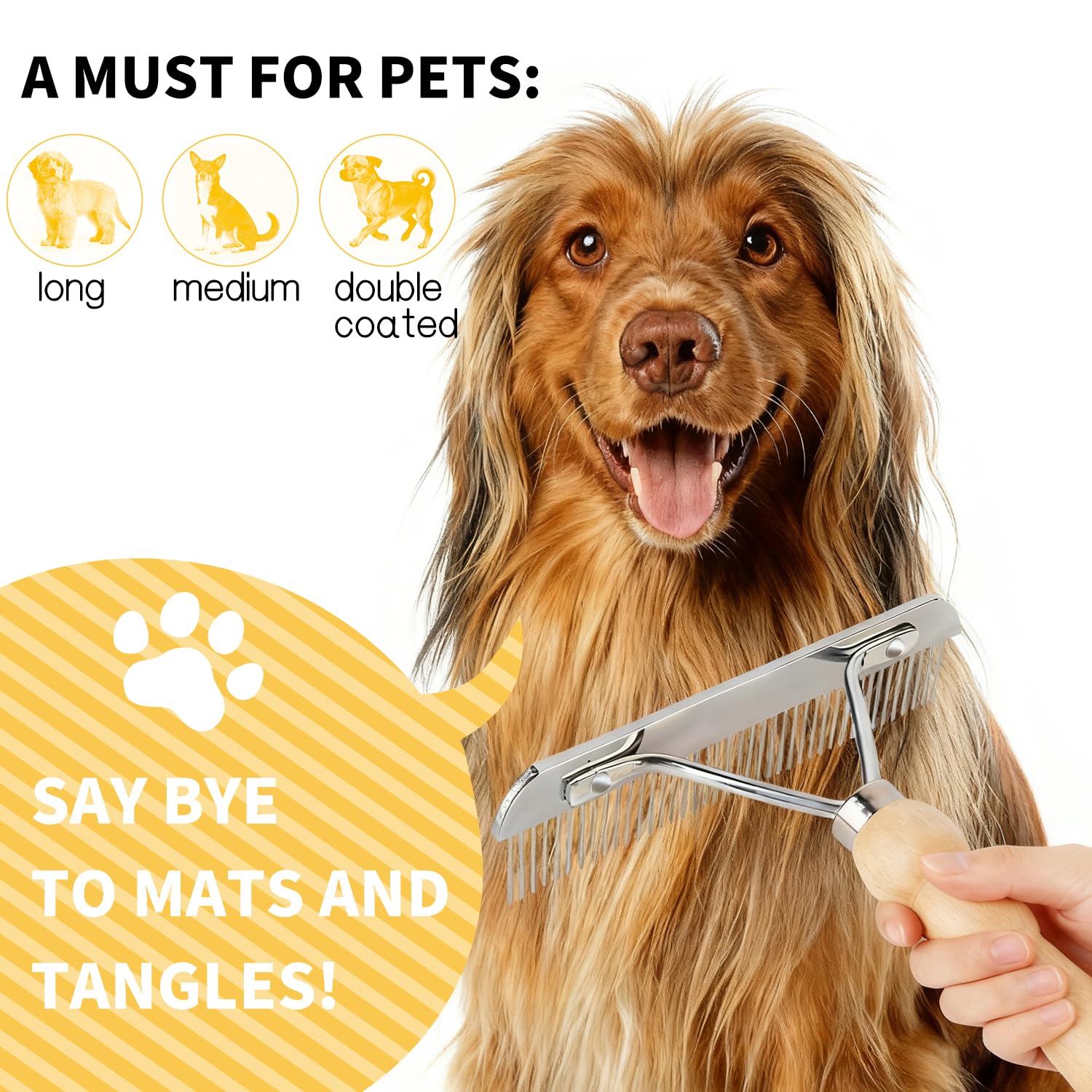 Ordermore large-dog grooming rake designed for medium and large breeds with long coats.