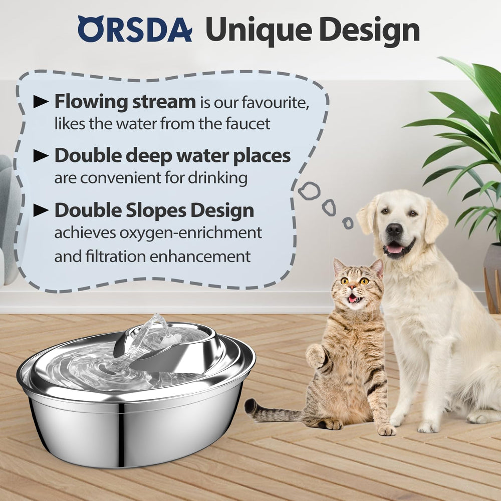ORSDA cat water fountain stainless body image emphasizes hygienic, durable water for cats