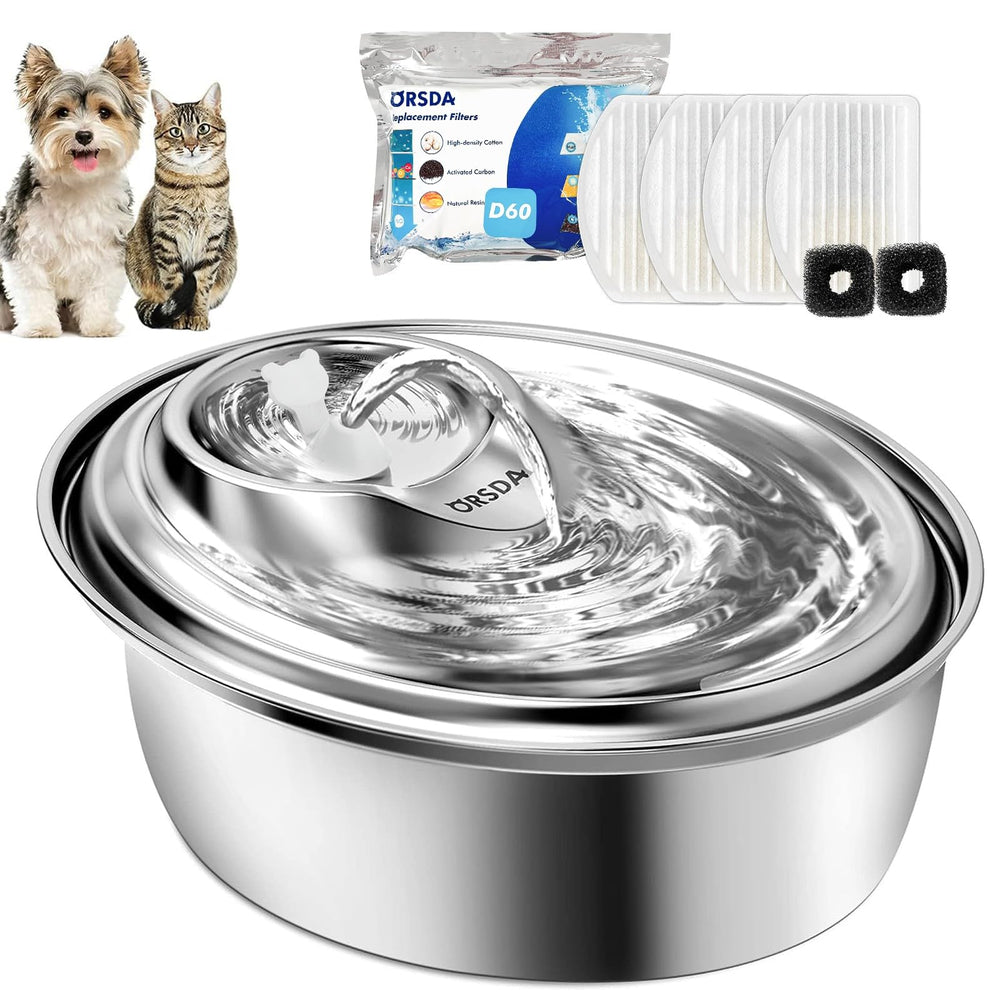 ORSDA cat water fountain stainless steel 3l front view for quiet hydration.