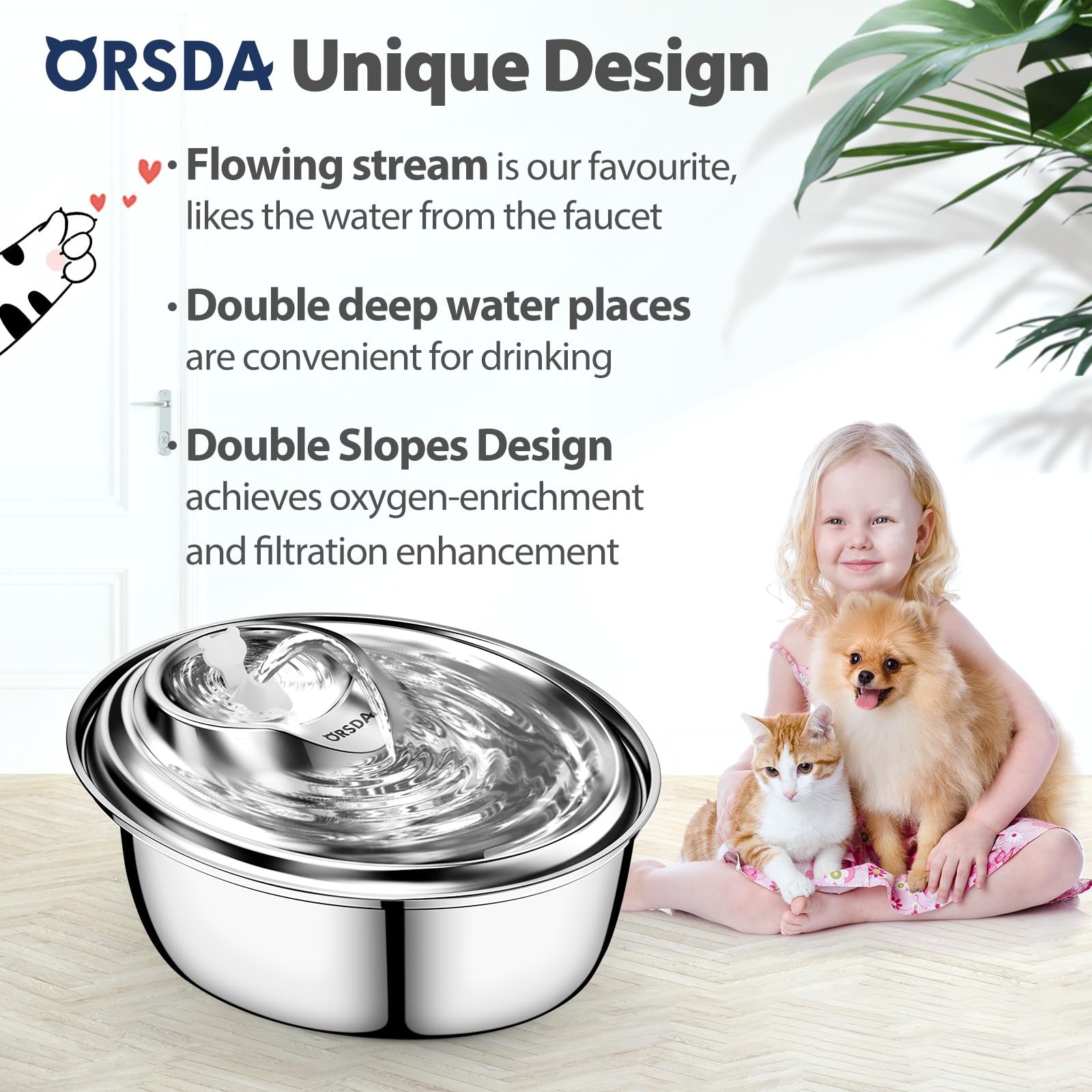 ORSDA cat water fountain stainless steel close-up water flow for hydration.