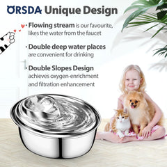 ORSDA cat water fountain stainless steel close-up water flow for hydration.