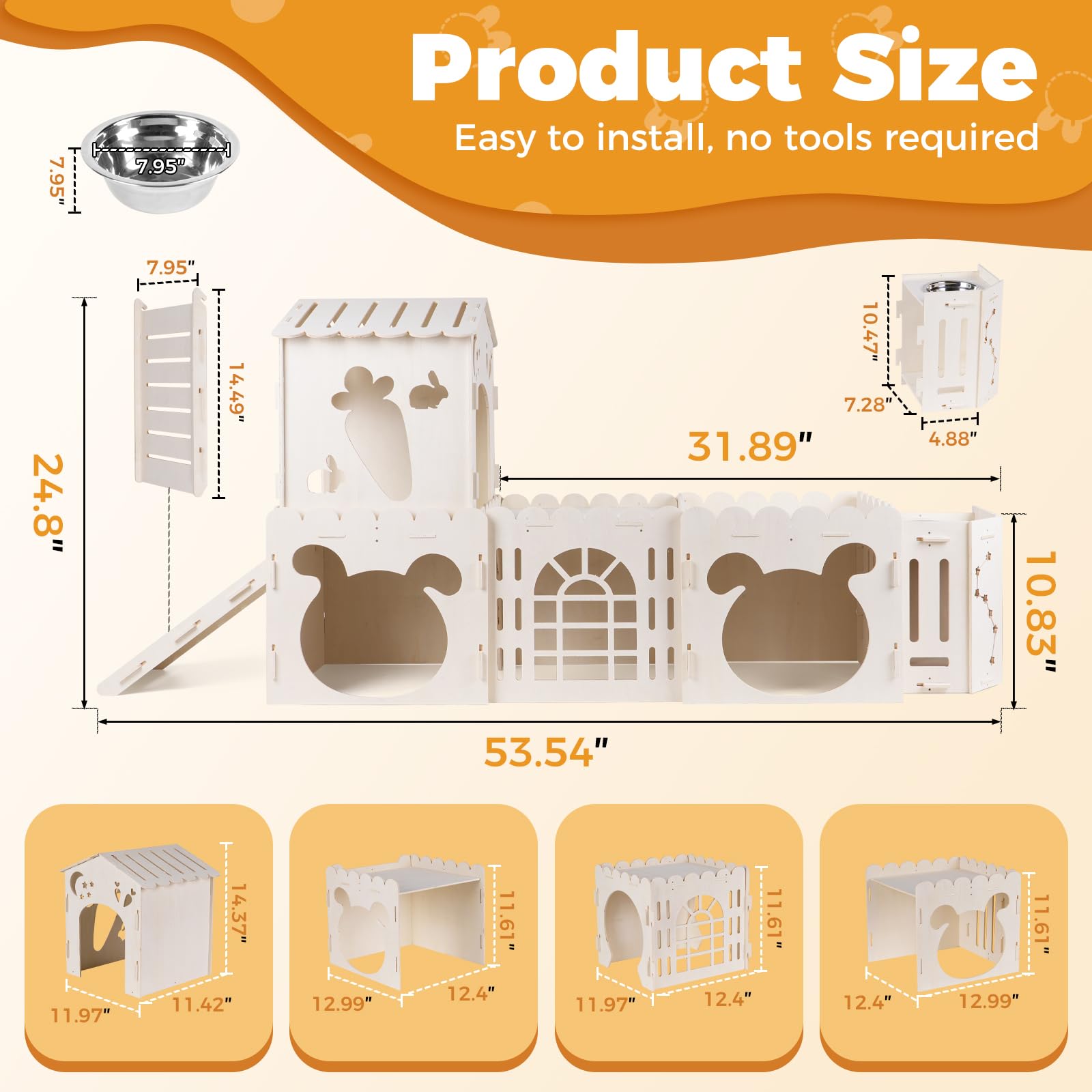 orekemo extra large rabbit house slide view highlights built-in play tunnel for exercise.