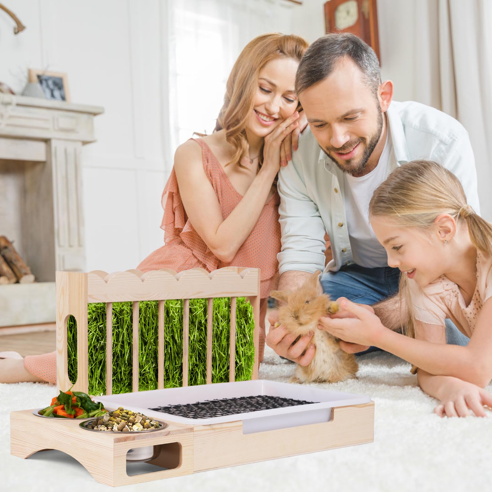 Orekemo upgraded 3-in-1 rabbit hay feeder litter box handle enhances portability and cleaning.