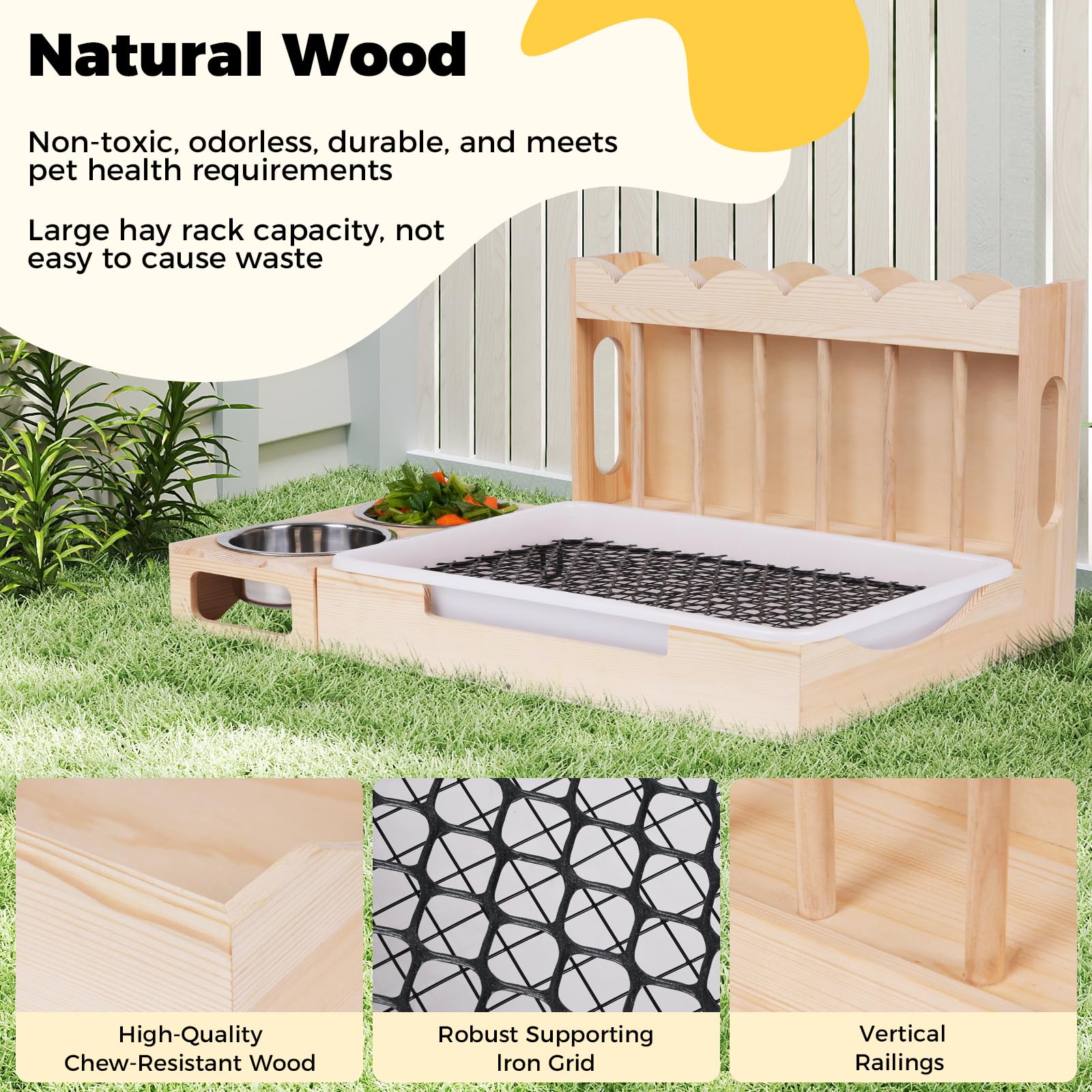 Orekemo upgraded 3-in-1 rabbit hay feeder stainless bowls promote hygienic meals.