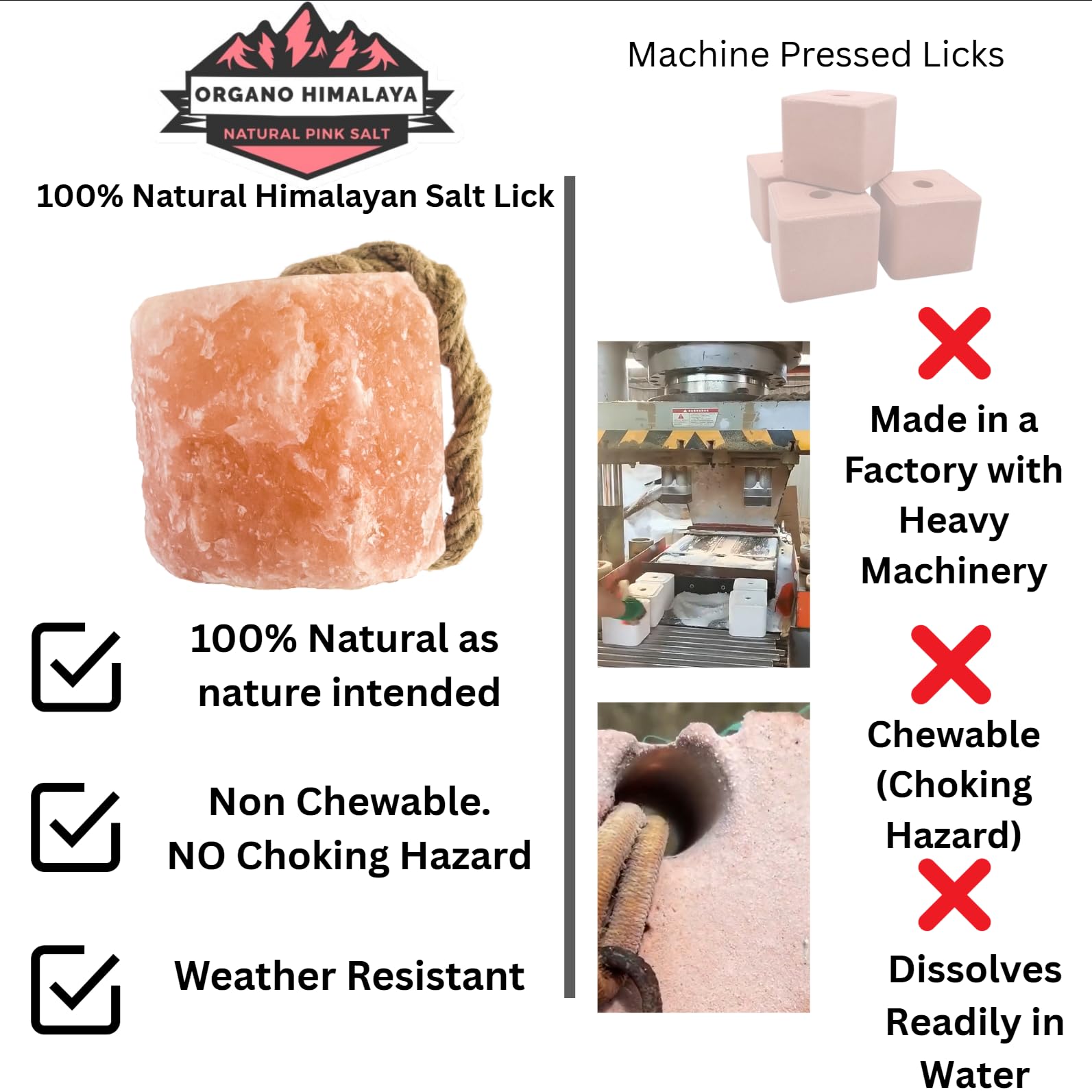 Organo Himalaya Himalayan salt block is weather-resistant for outdoor pastures.