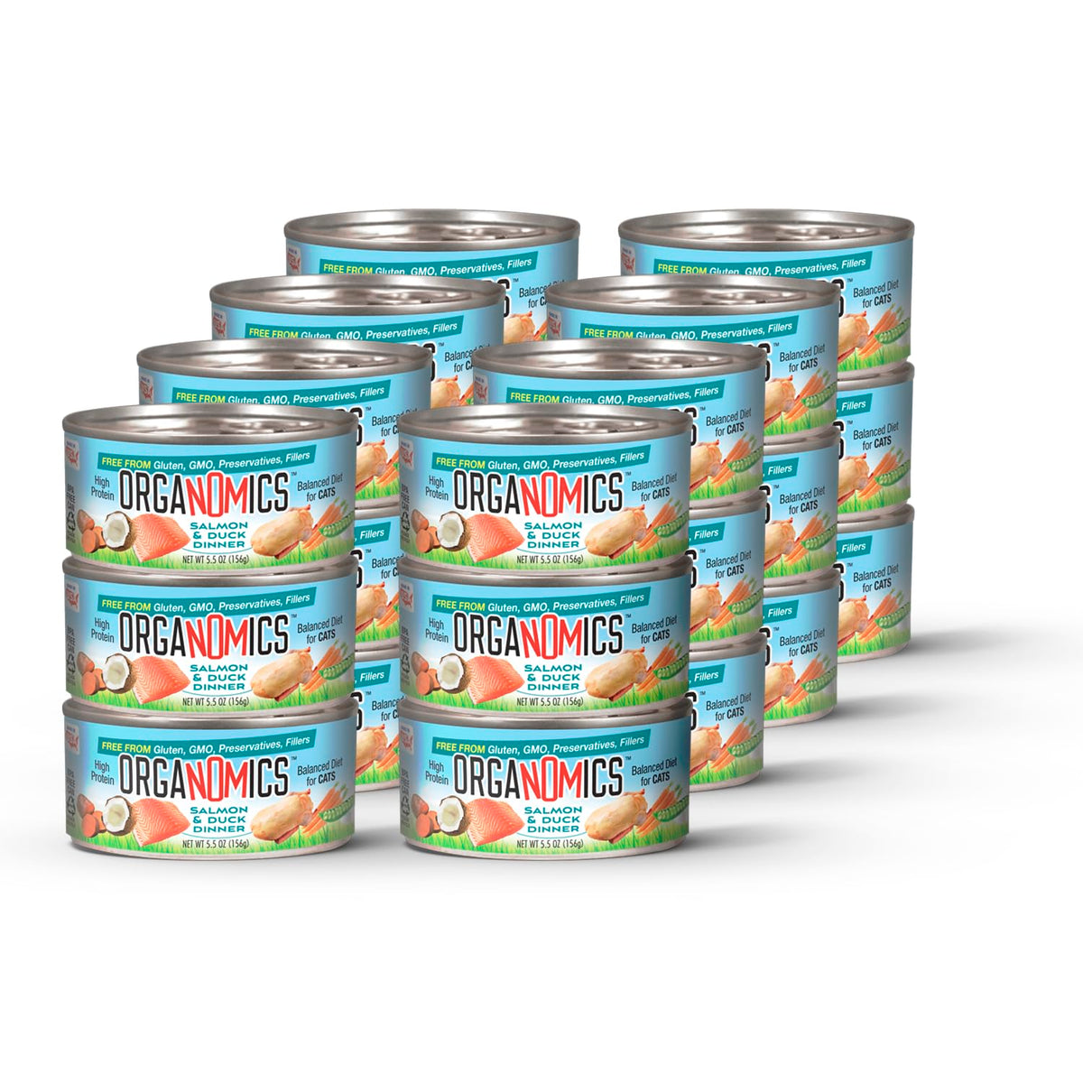 OrgaNOMics salmon-duck dinner can close-up for protein-rich cat nutrition.