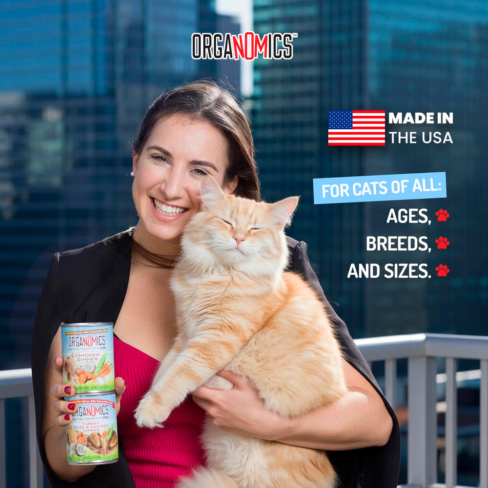 OrgaNOMics coconut oil image highlights healthy fats for coat and energy.