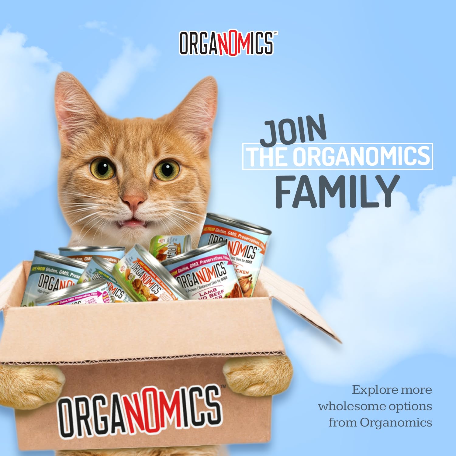 OrgaNOMics grain-free formula close-up signals allergen-friendly option.