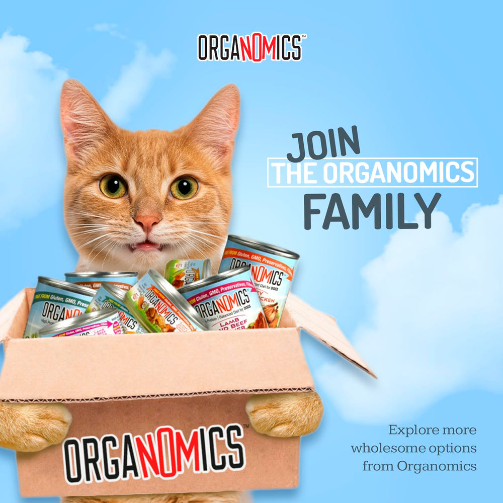 OrgaNOMics grain-free formula close-up signals allergen-friendly option.