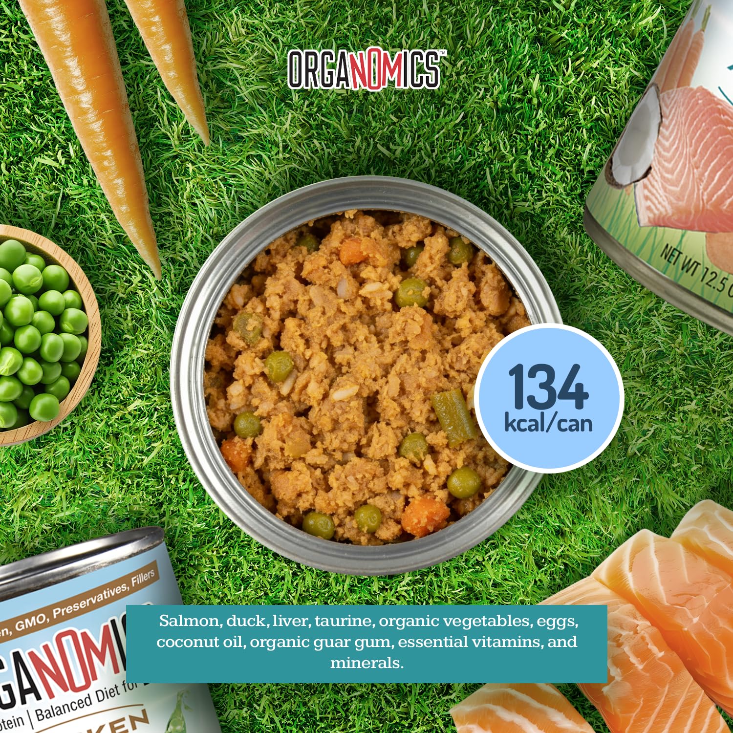 OrgaNOMics packaging image shows BPA-free cans and recyclable materials.