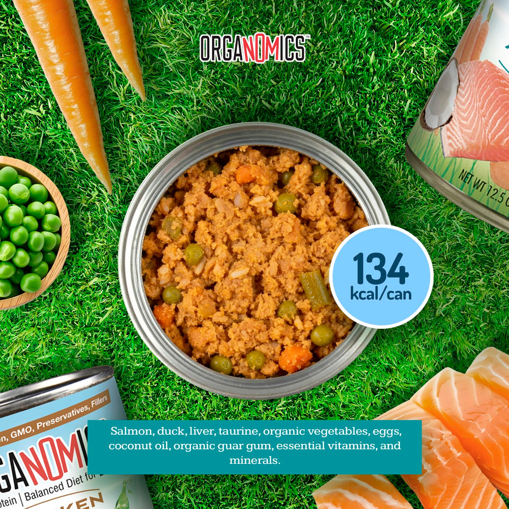 OrgaNOMics packaging image shows BPA-free cans and recyclable materials.