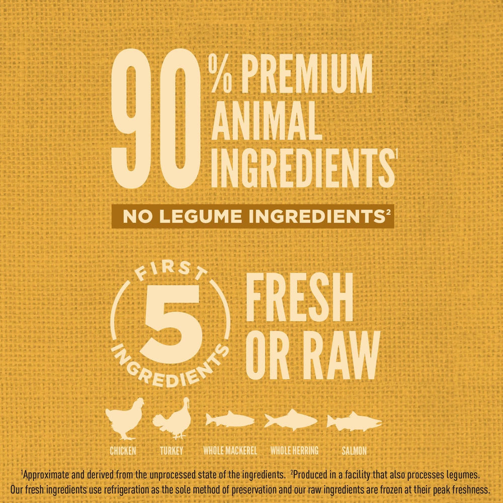 Orijen Amazing Grains Puppy freeze-dried coating close-up provides flavor boost.