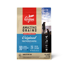 ORIJEN Amazing Grains dry dog food bag showing 90% animal ingredients for high-protein meals