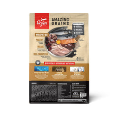 Orijen Amazing Grains Puppy bag back shows feeding guidelines and meat sources.