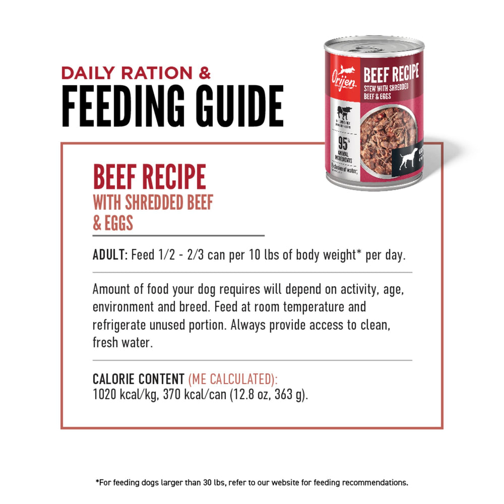 ORIJEN Beef Recipe Stew mealtime dish illustrates blending with kibble or standalone meals