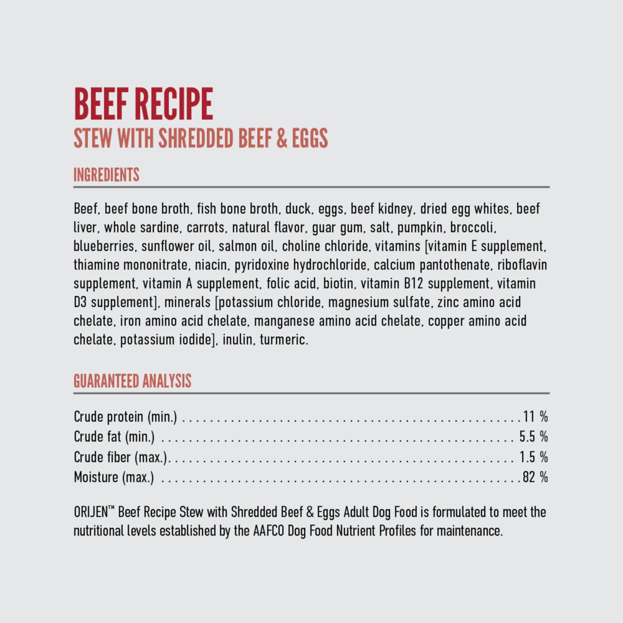 ORIJEN Beef Recipe Stew raw frozen ingredients indicate dual-delivery components