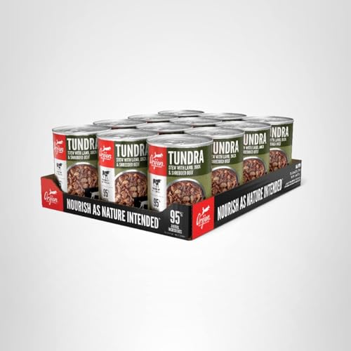 ORIJEN Real Meat Shreds Tundra Stew can-and-lid display shows premium ingredients.