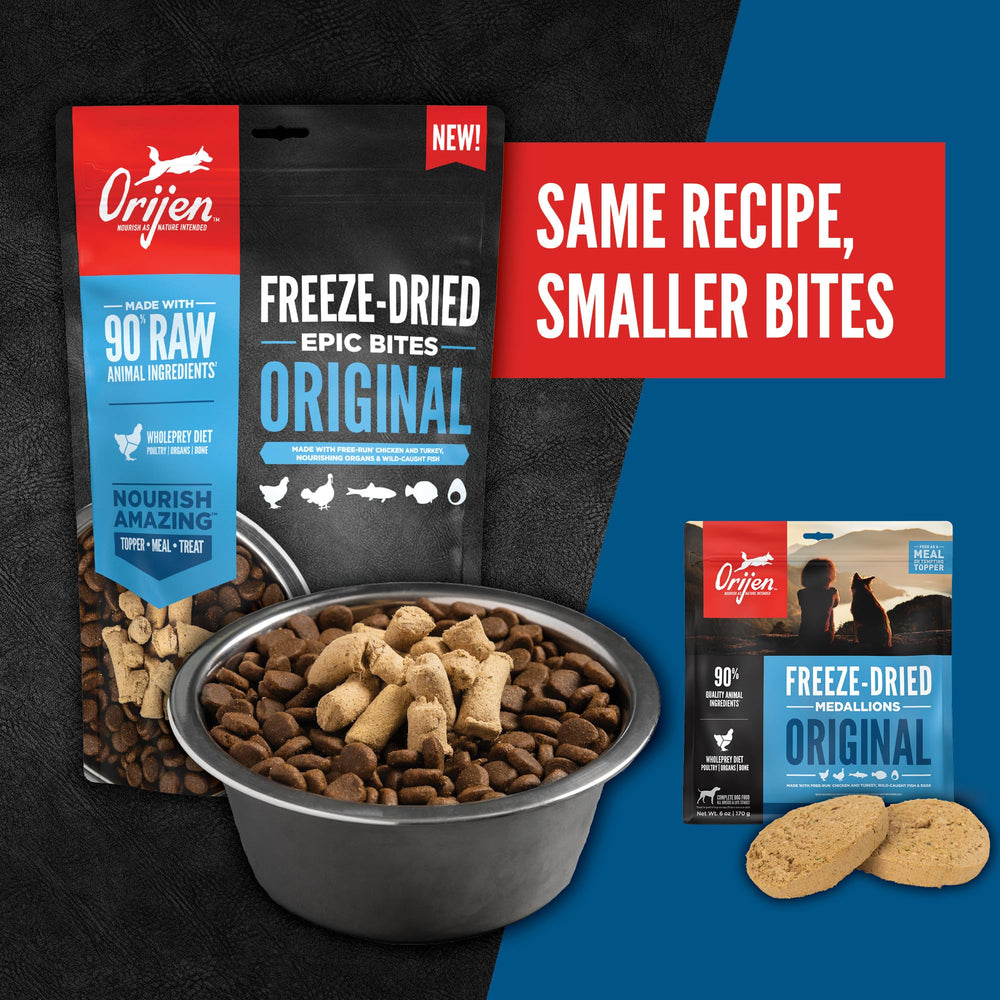 ORIJEN Epic Bites USA-made with global ingredients label for quality and sourcing.