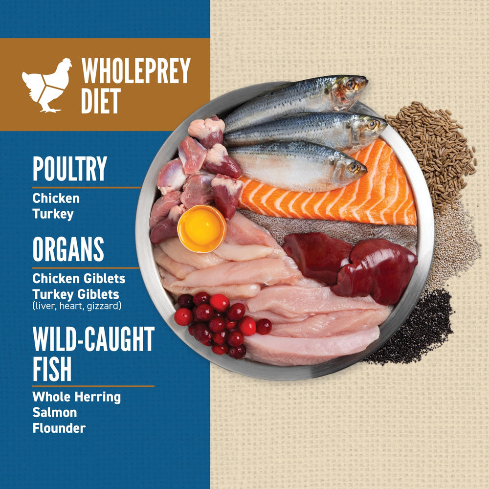 ORIJEN first five ingredients image emphasizes fresh poultry and fish for a protein-rich base