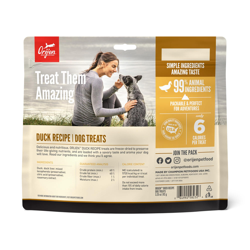 ORIJEN Free Run Duck Treat packaging closeup highlighting nutritious ingredients