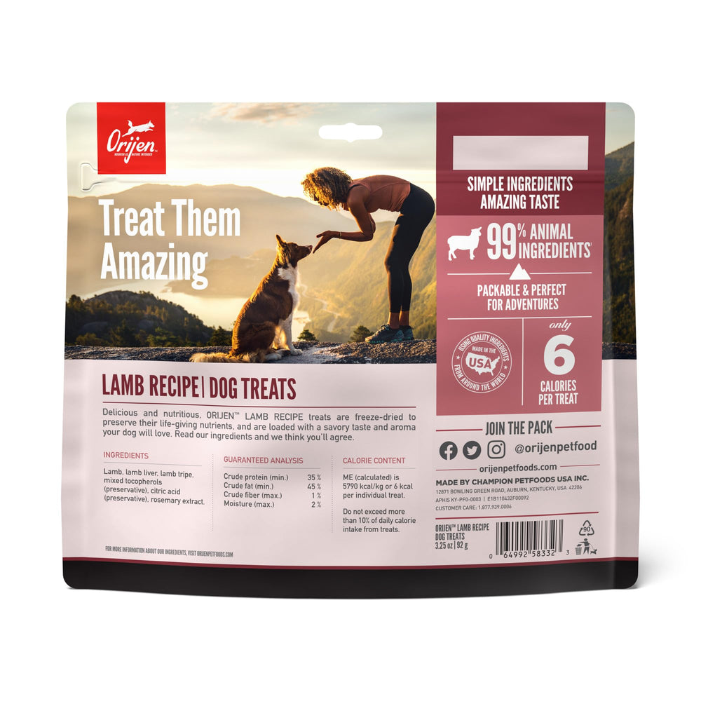 ORIJEN freeze-dried lamb recipe treats close-up showing texture and WholePrey ingredients