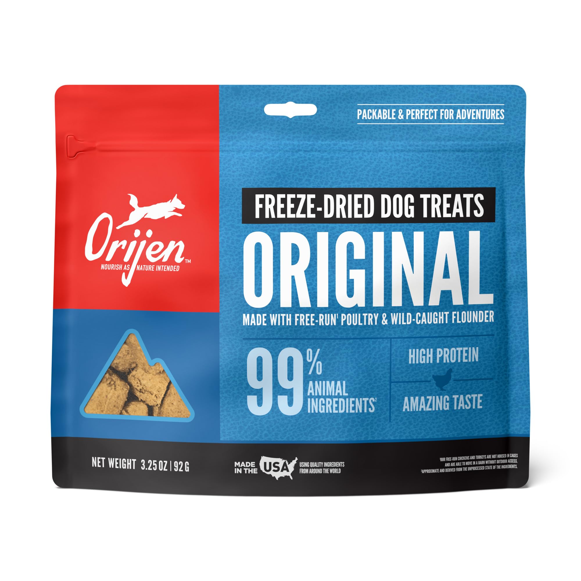ORIJEN freeze dried Original dog treats bag close-up for packable protein-rich training rewards