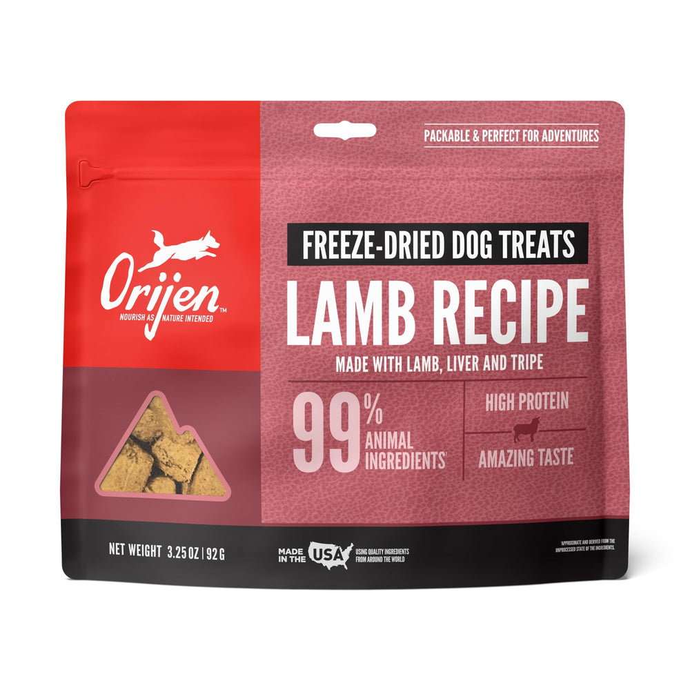 ORIJEN grain-free freeze-dried lamb treats in bag highlighting high-protein nutrition for training