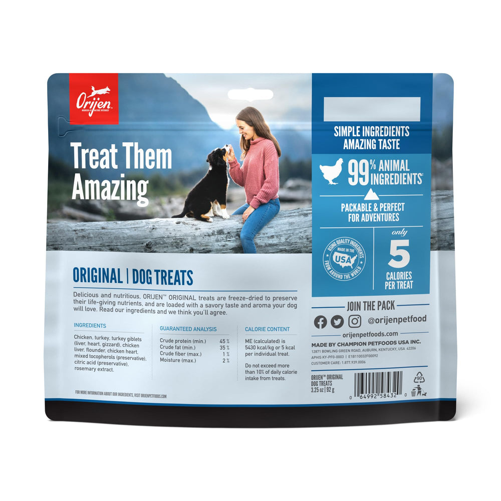 ORIJEN high-protein dog treats close-up highlighting quality ingredients for natural rewards
