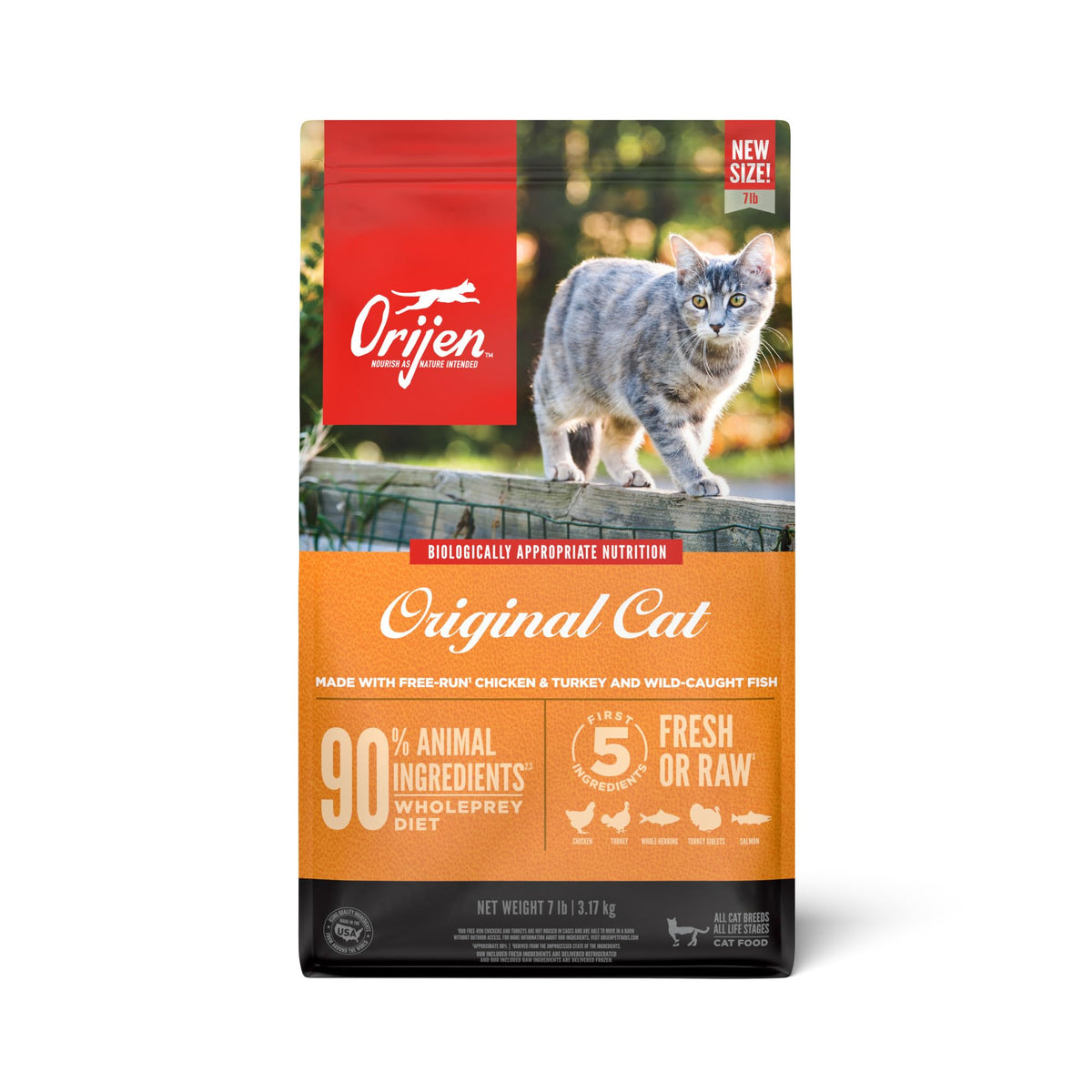 ORIJEN Original cat food 7lb bag front shows protein-rich nutrition for digestion.