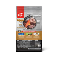 ORIJEN Original 7lb bag nutrition label close-up emphasizes high animal-ingredient content.