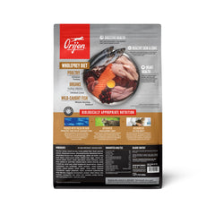ORIJEN Original Cat Food bag back shows ingredients and feeding guidance for balanced nutrition.