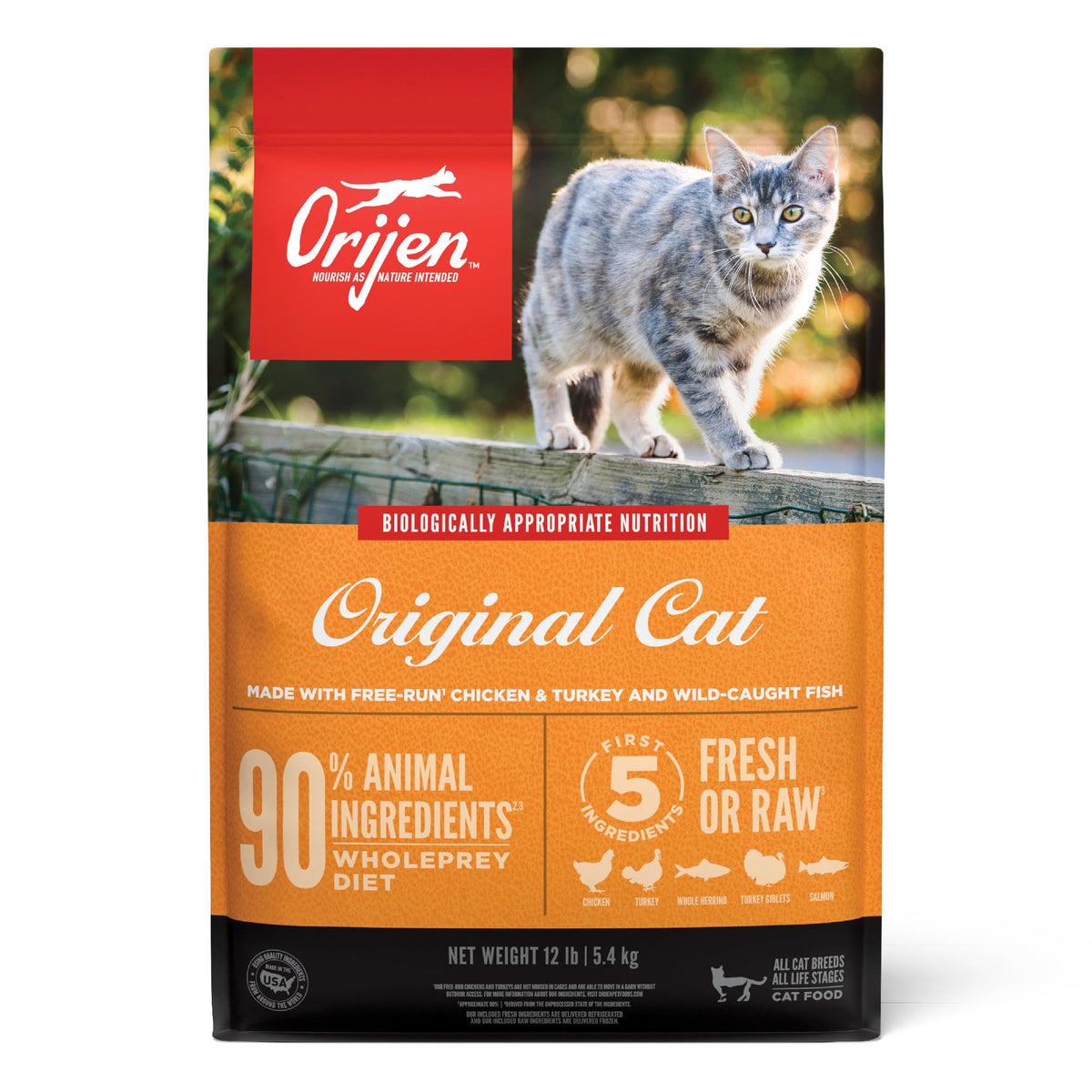 ORIJEN Original Cat Food bag front showing 12 lb packaging for protein-rich nutrition