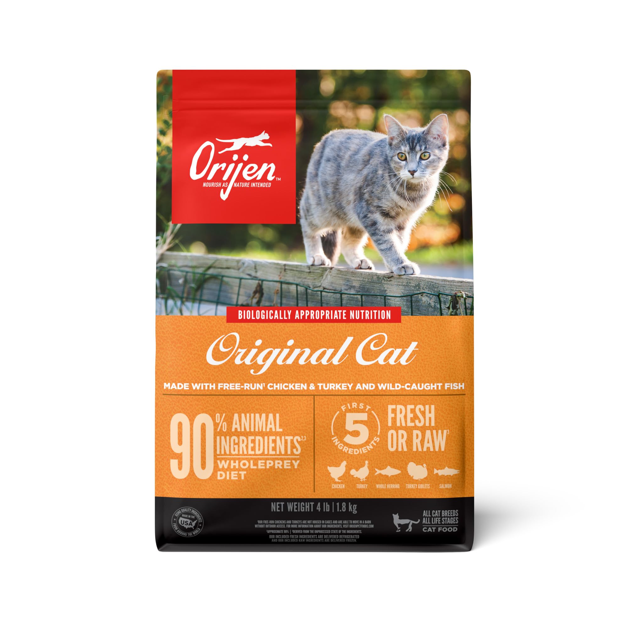 ORIJEN Original Cat Food bag front highlights grain-free, high-protein nutrition for thriving cats.