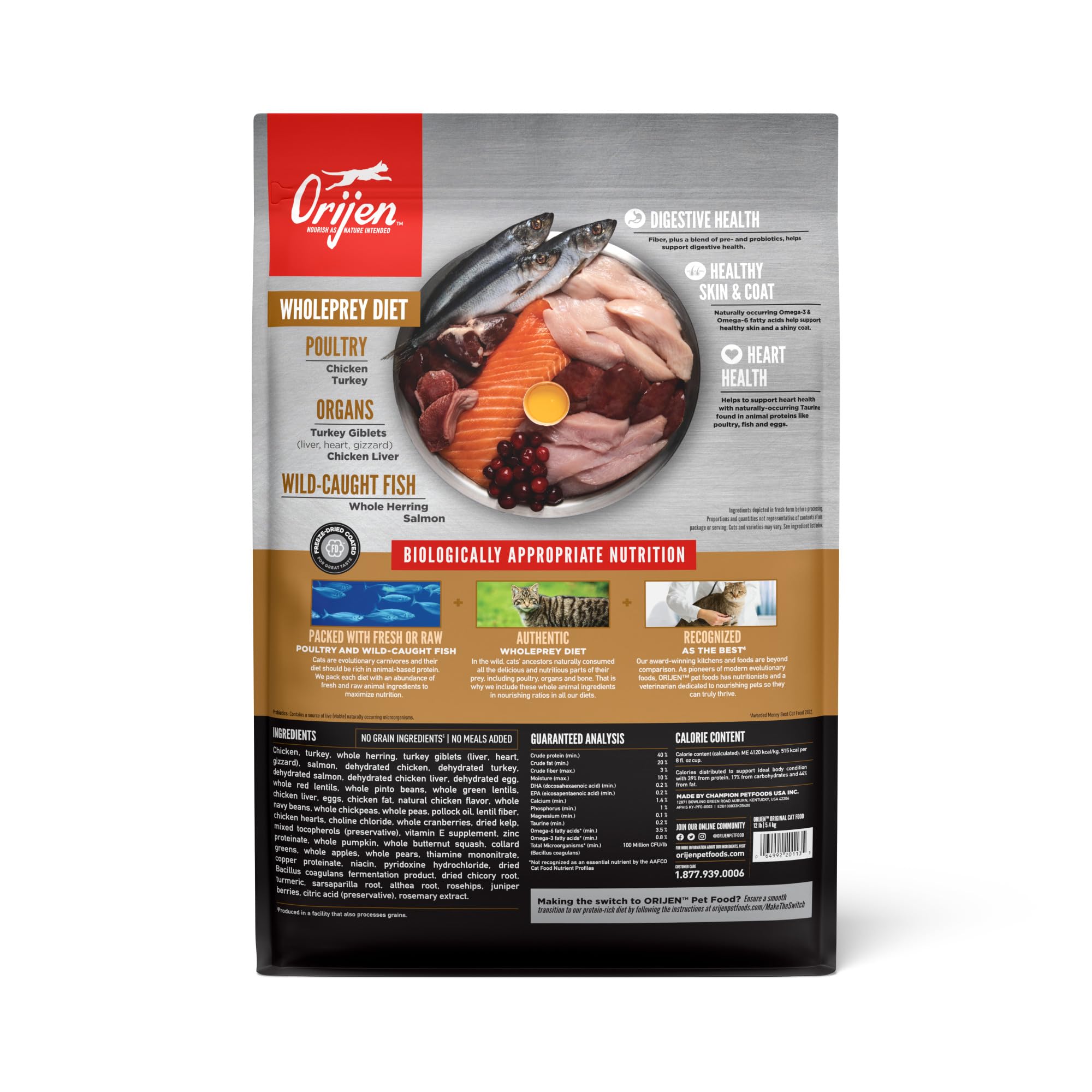 ORIJEN kibble close-up—grain-free, high-protein bites for cats