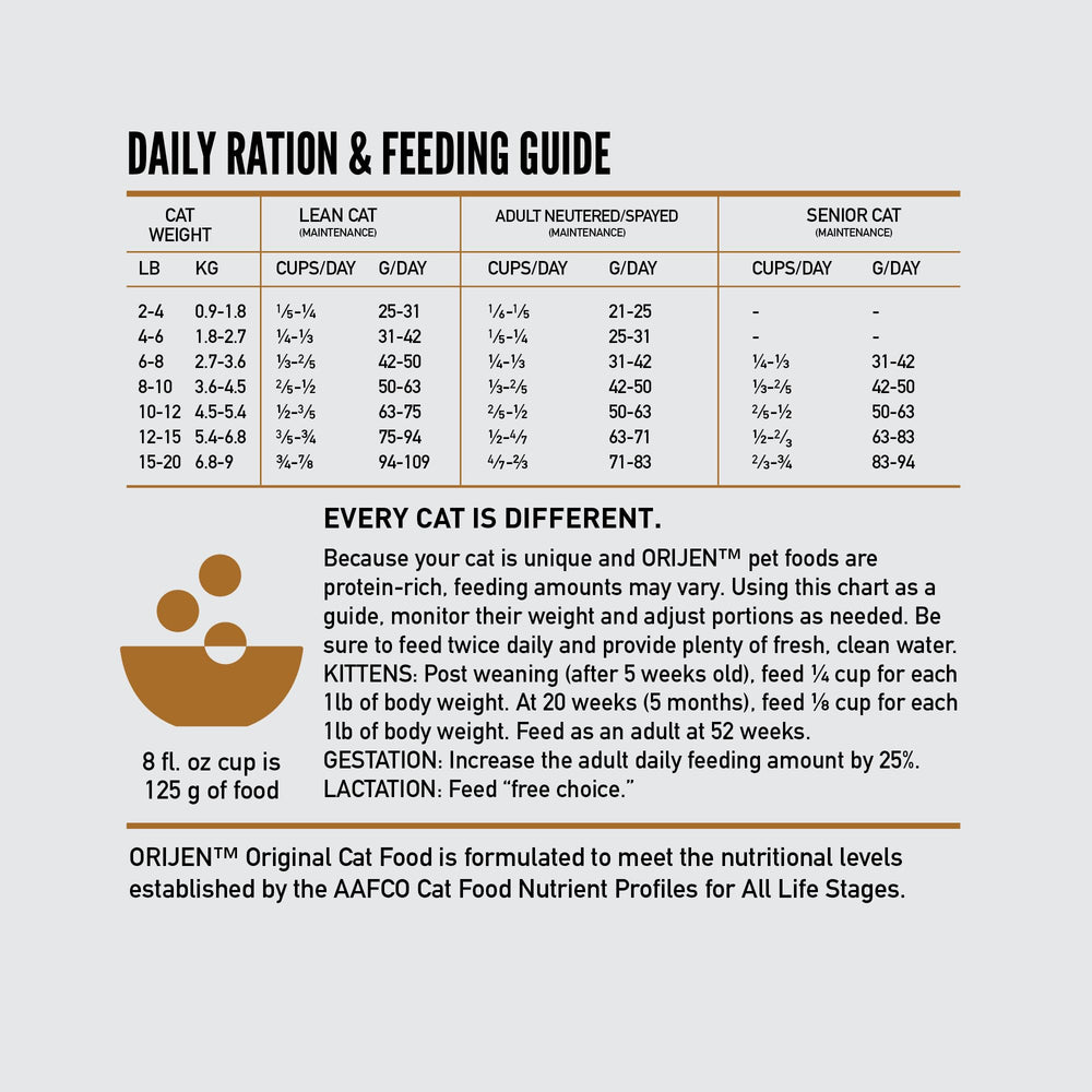 ORIJEN Original Cat Food serving bowl shows ready-to-serve, protein-rich meal.