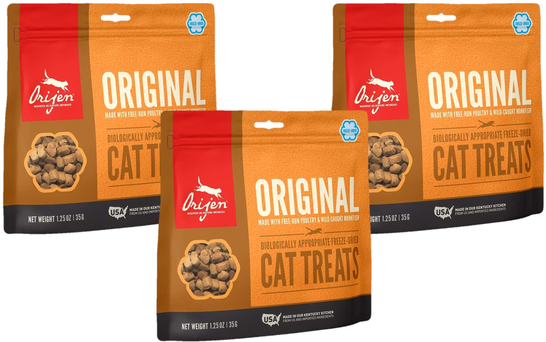 ORIJEN Original Cat Treats freeze-dried bags show a protein-rich reward for training